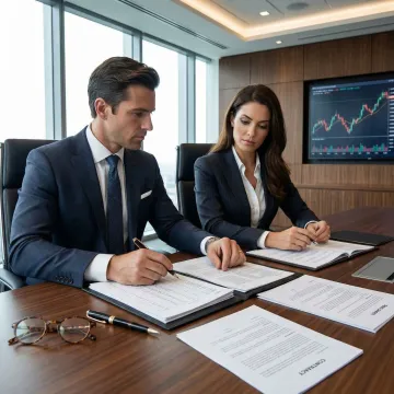 Business advisor and client reviewing deal structure documents at a conference table