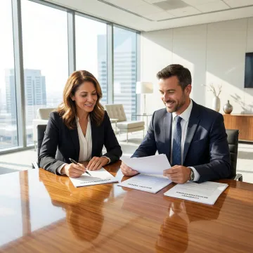 Business professionals reviewing acquisition listings and registry documents at a conference table