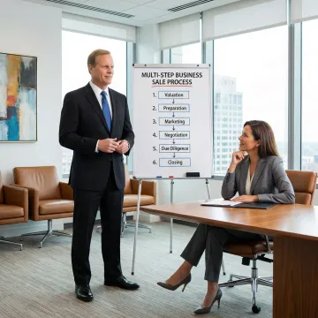 Business advisor walking a client through a structured transaction process on a whiteboard