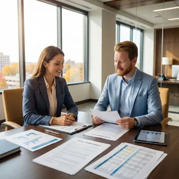 M&A advisor and Michigan business owner reviewing transaction documents at a conference table
