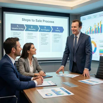 Business broker guiding clients through a structured sale process with documents and charts