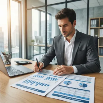Business owner reviewing a detailed valuation report with financial charts and graphs
