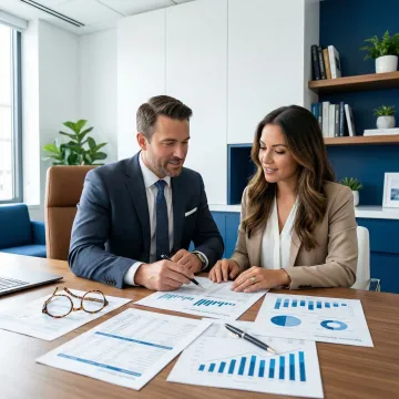 Financial advisor reviewing business valuation report with a business owner at a desk