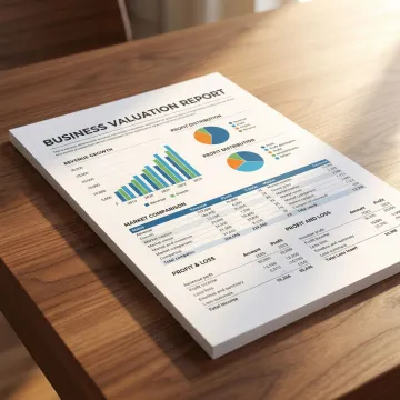 Business valuation report with charts and financial data on a desk