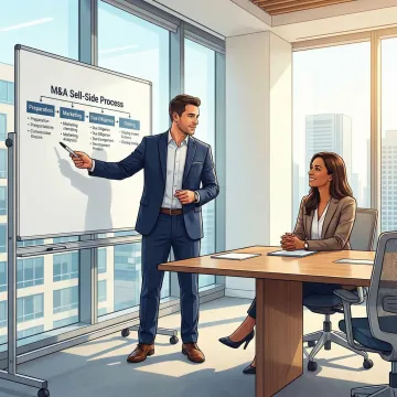 M&A advisor walking a business owner through a structured sell-side transaction process on a whiteboard