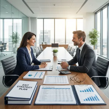 Business owner and financial advisor reviewing exit strategy documents in a professional office in Northwest Indiana.