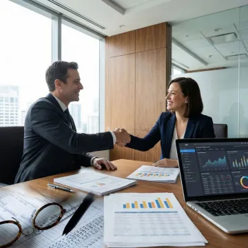 Business sale advisor and client reviewing M&A documents at a conference table