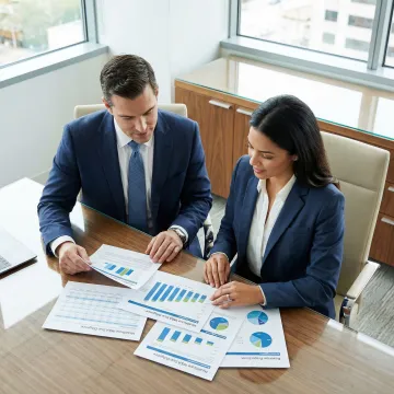 Healthcare M&A advisors reviewing business valuation documents in a professional office setting.