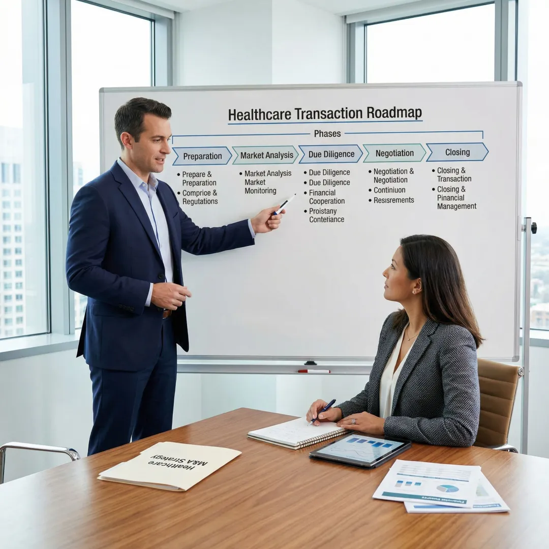 M&A advisor presenting a step-by-step transaction process to a healthcare business owner.