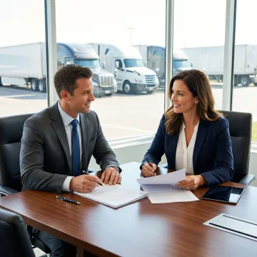 M&A advisor consulting with transportation business owner over deal documents