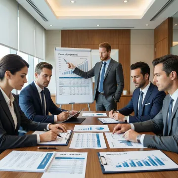 M&A advisors reviewing business valuation documents and deal terms at a conference table
