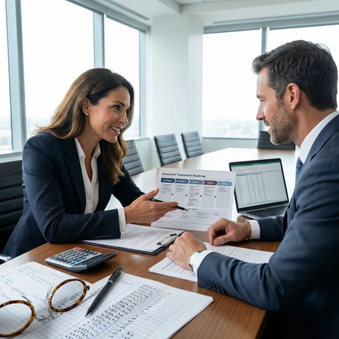 Business broker guiding a business owner through the step-by-step sale process with documents on a conference table.