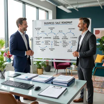 Business broker guiding a client through a step-by-step business sale process