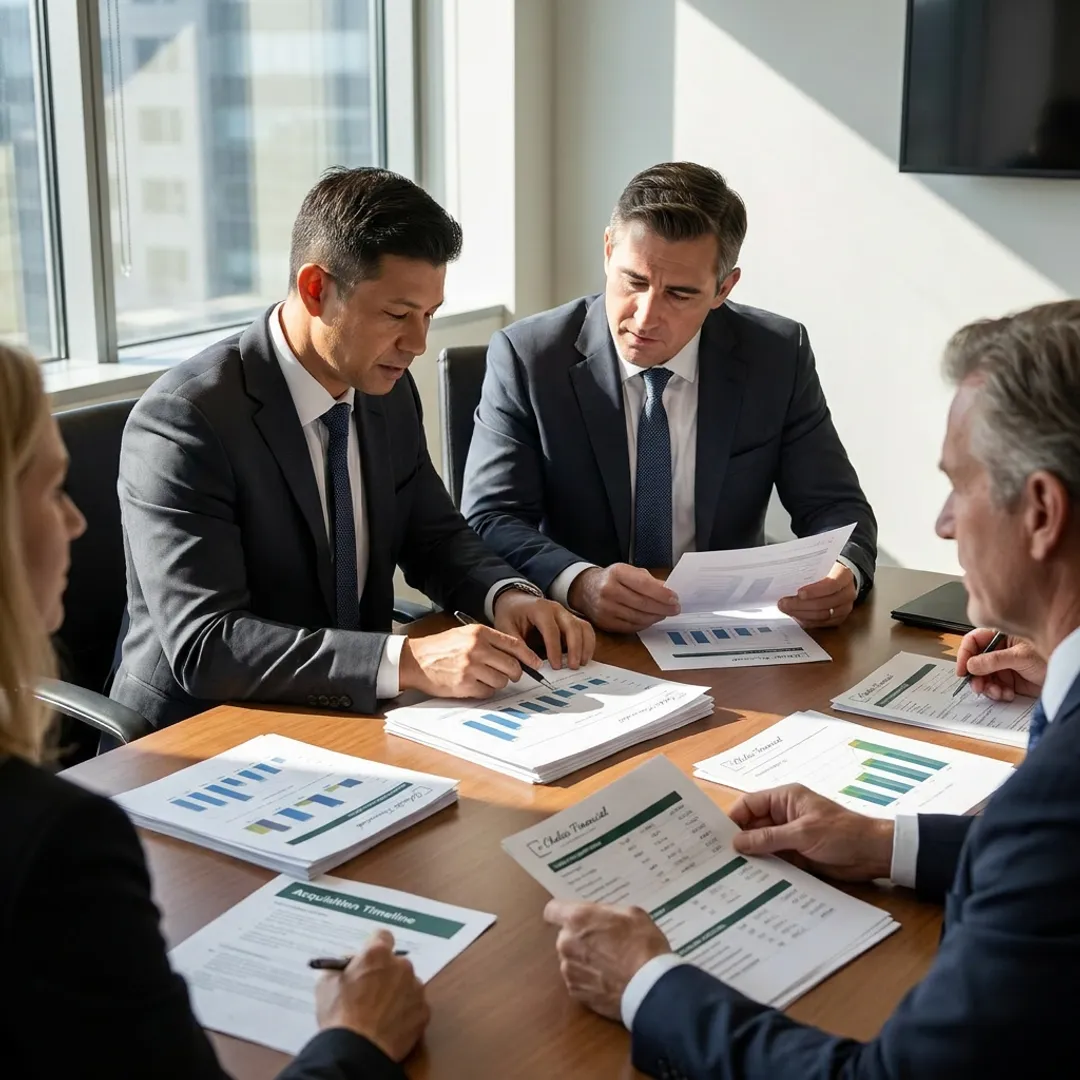 M&A advisors discussing a business sale strategy in a meeting.