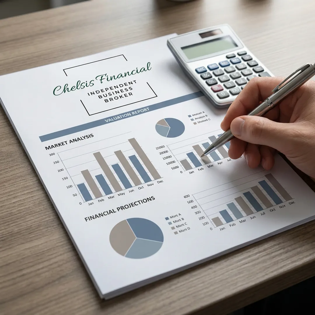 A detailed business valuation report with financial charts and a calculator.