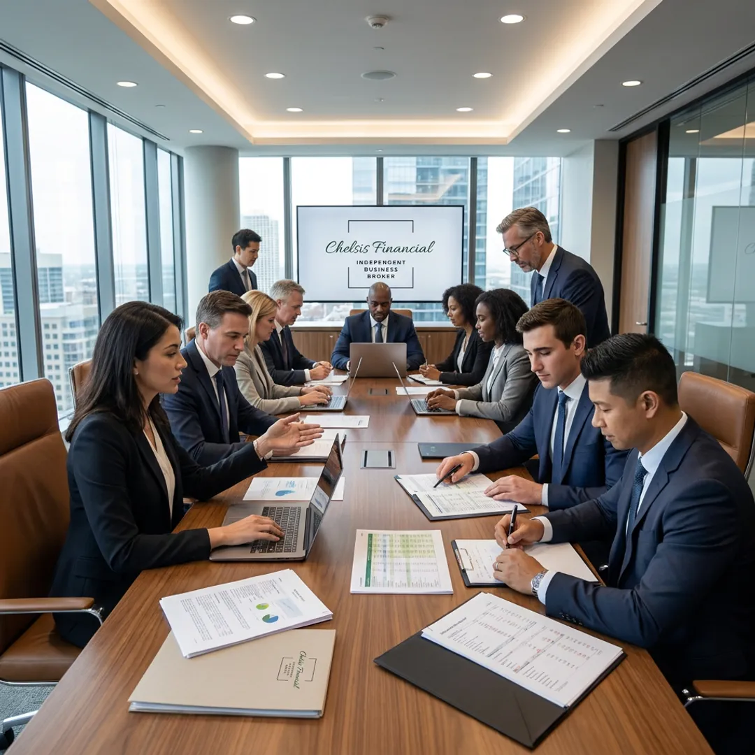 Team of M&A advisors collaborating on a deal in a modern office.