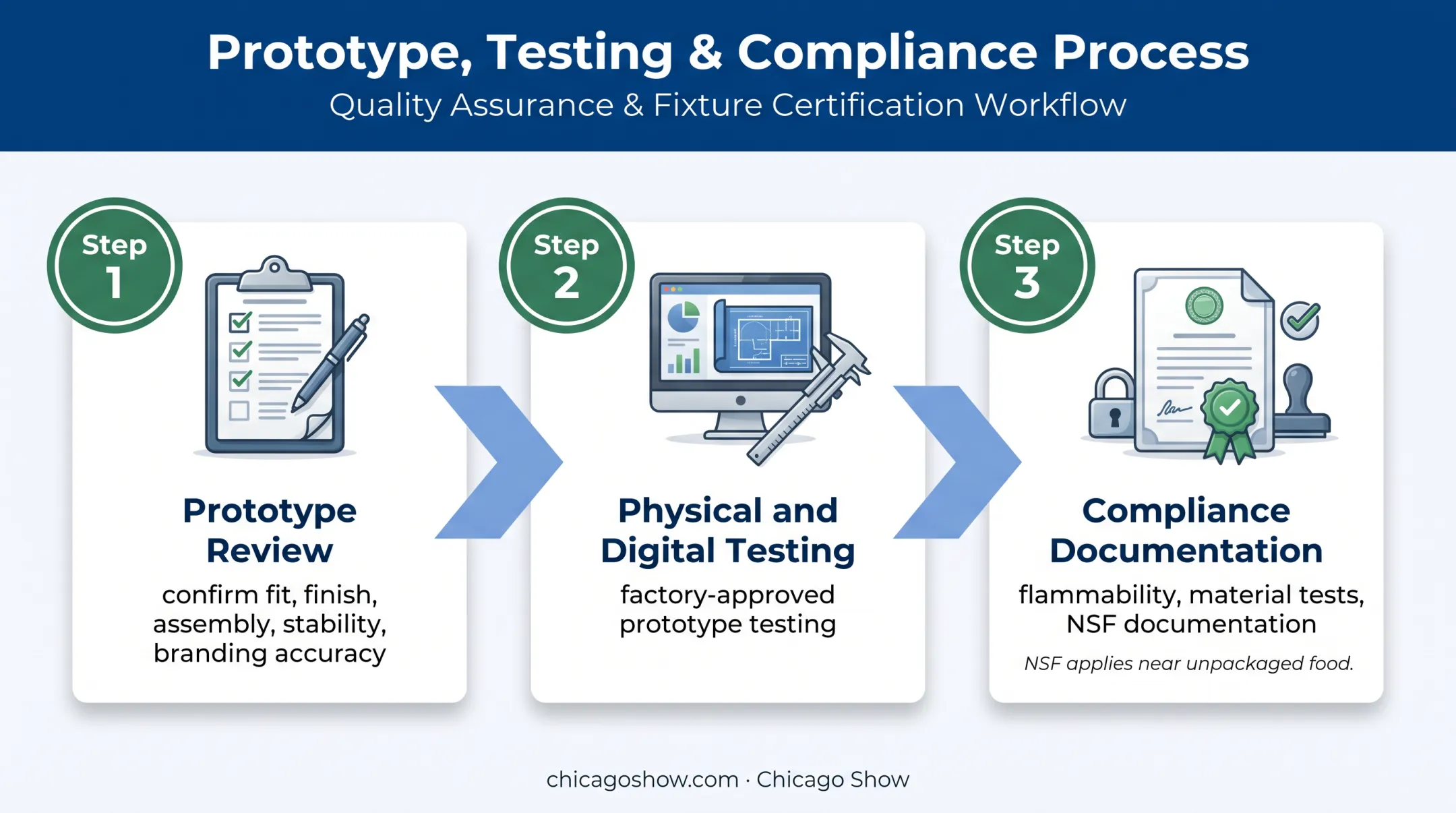 Three-stage retail counter prototype testing and compliance validation process