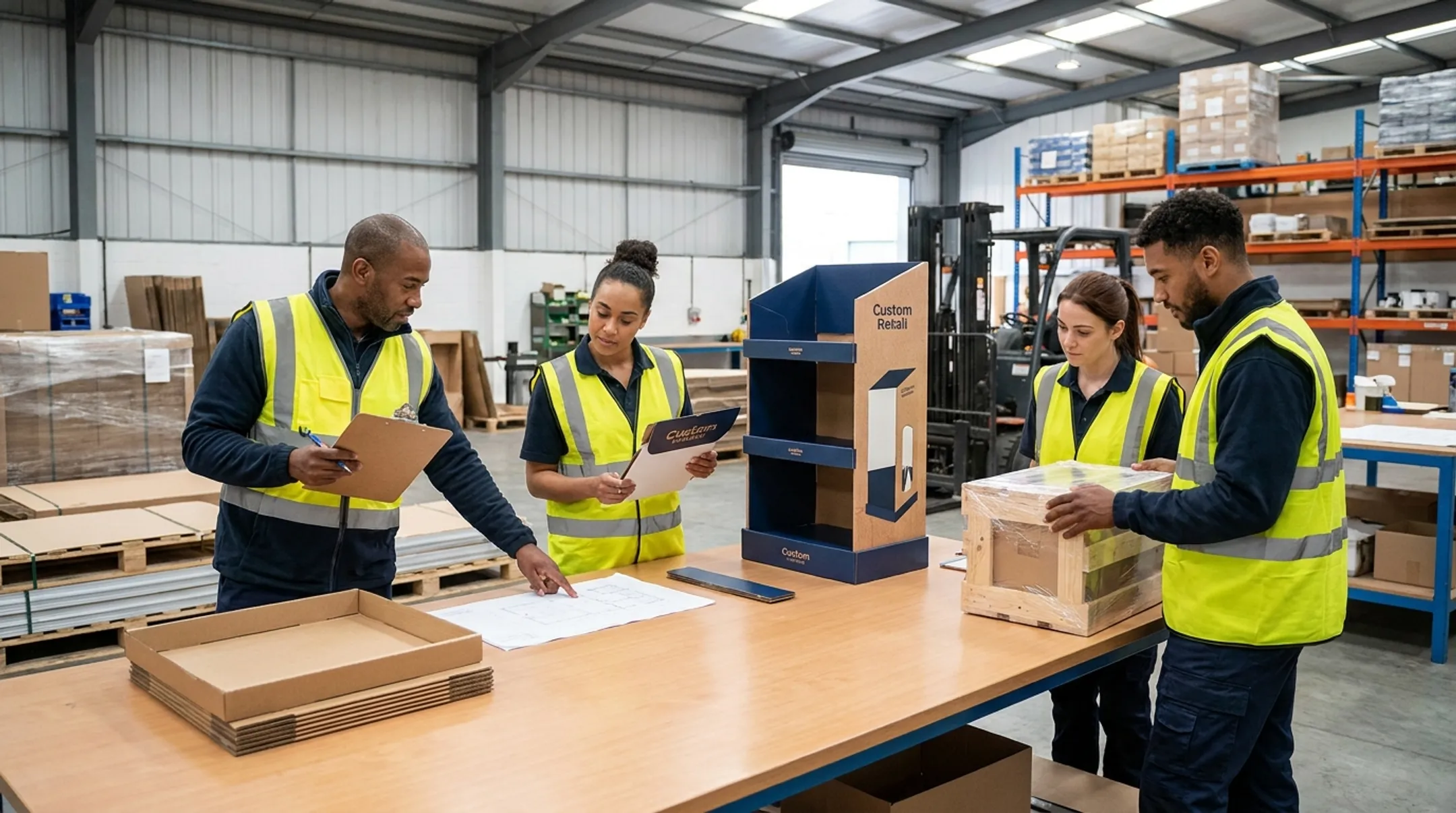 Company display fulfillment team managing custom retail shipment delivery