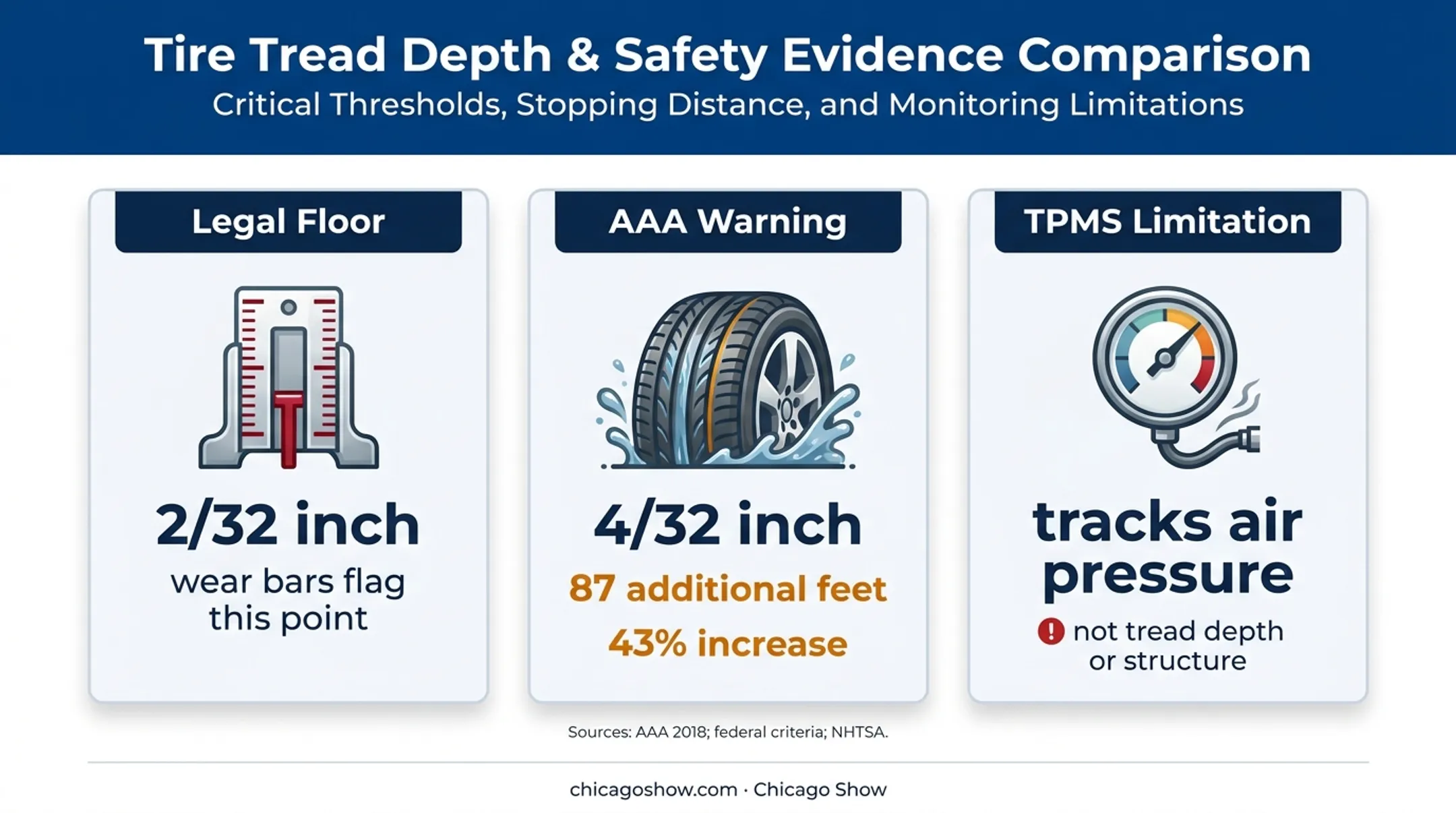 Tire tread depth legal minimum versus wet braking warning comparison