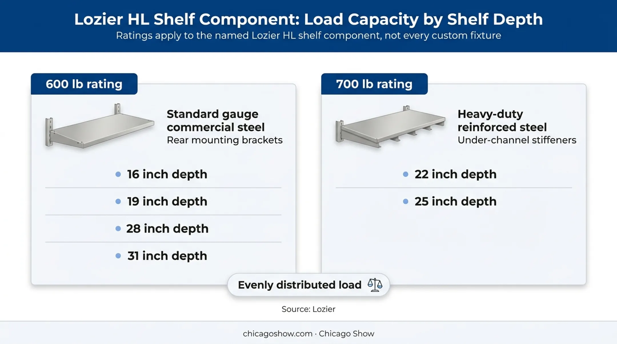 Retail shelf load ratings by shelf depth infographic