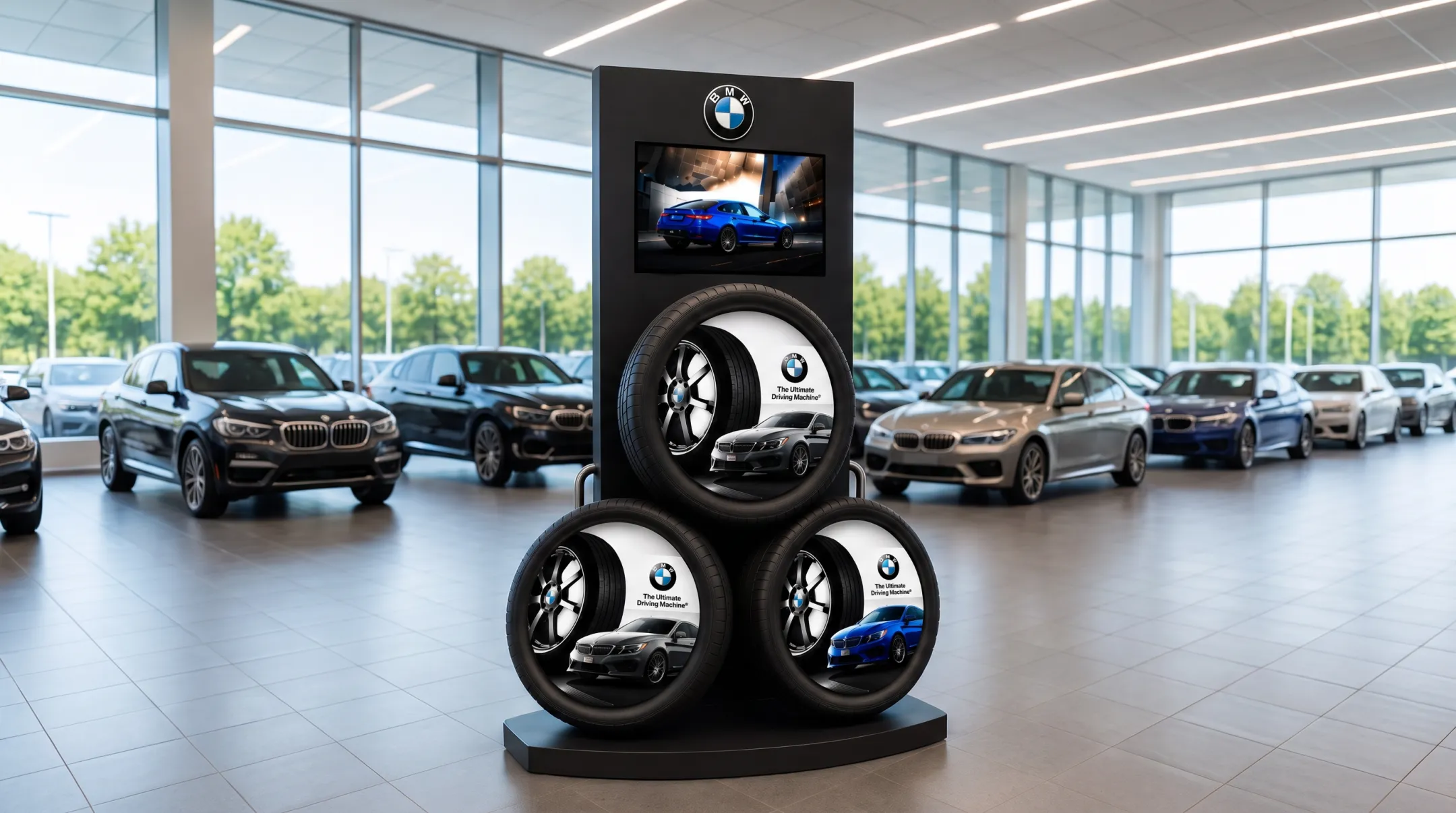 Freestanding BMW tire display with wheels vehicle imagery and video screen