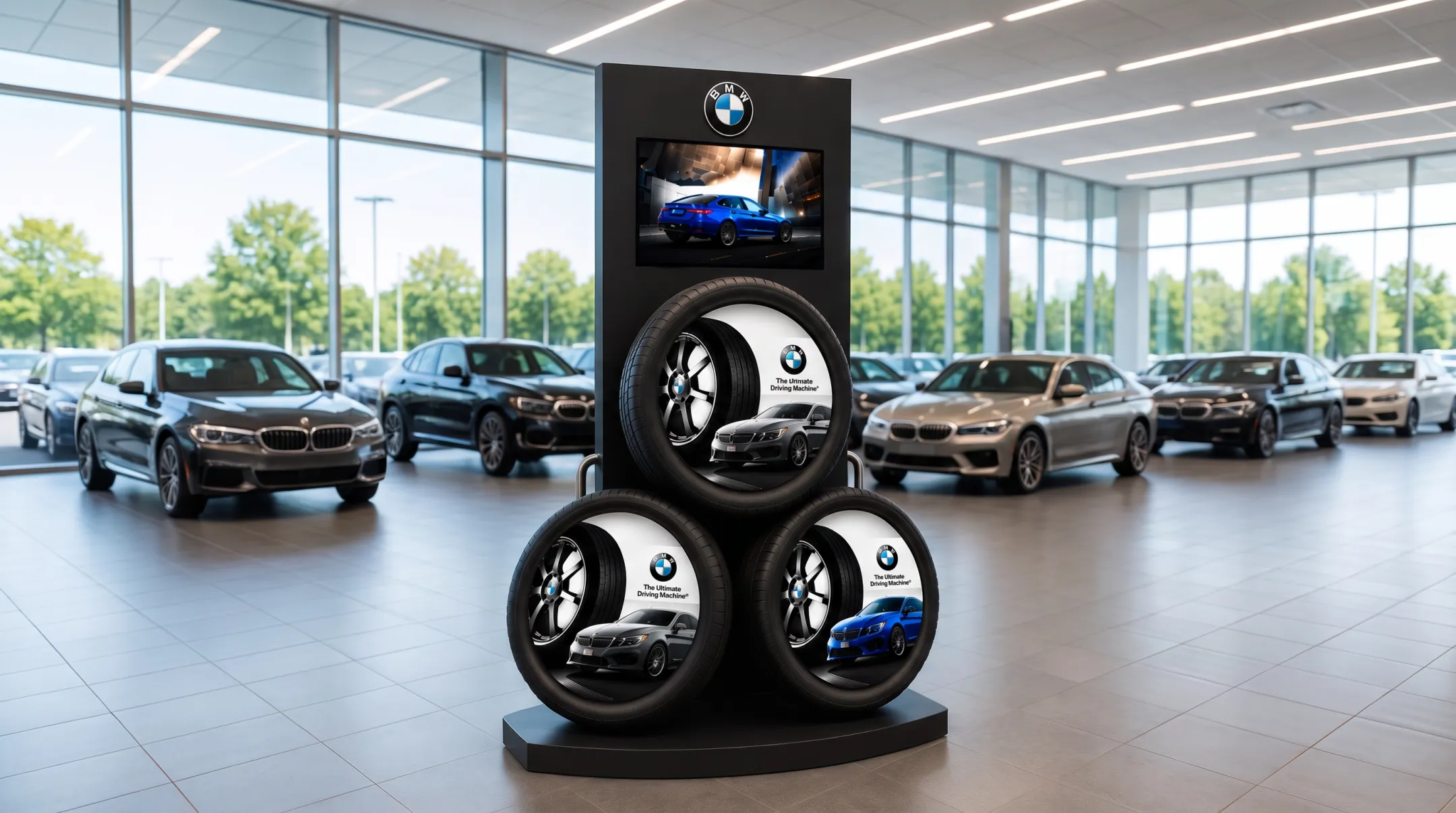 Oversized branded tire hero display in dealership showroom