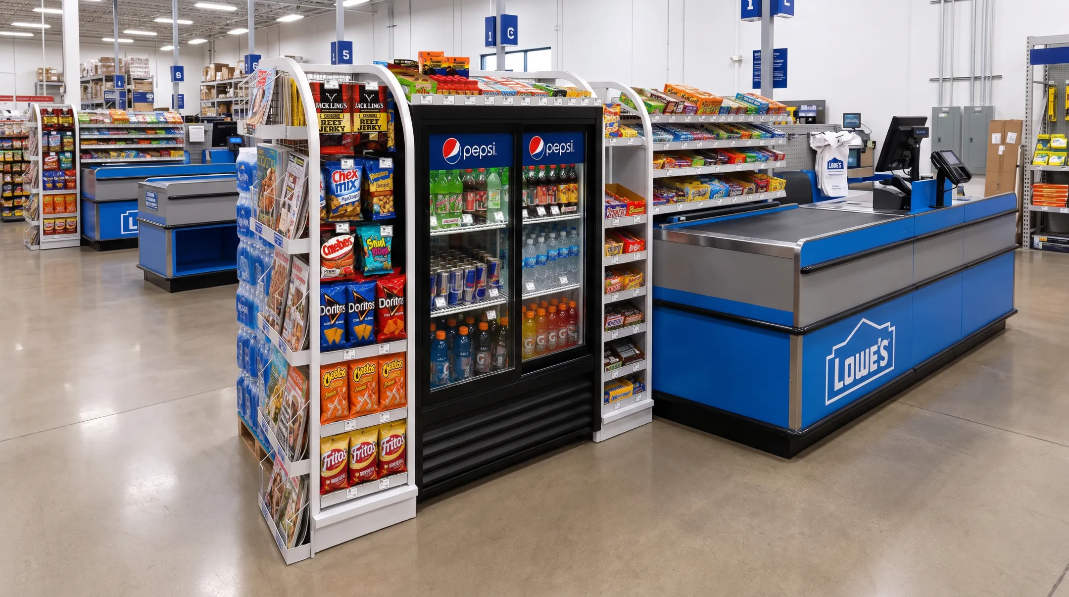 Chicago Show checkout racking with cooler shelves and impulse products
