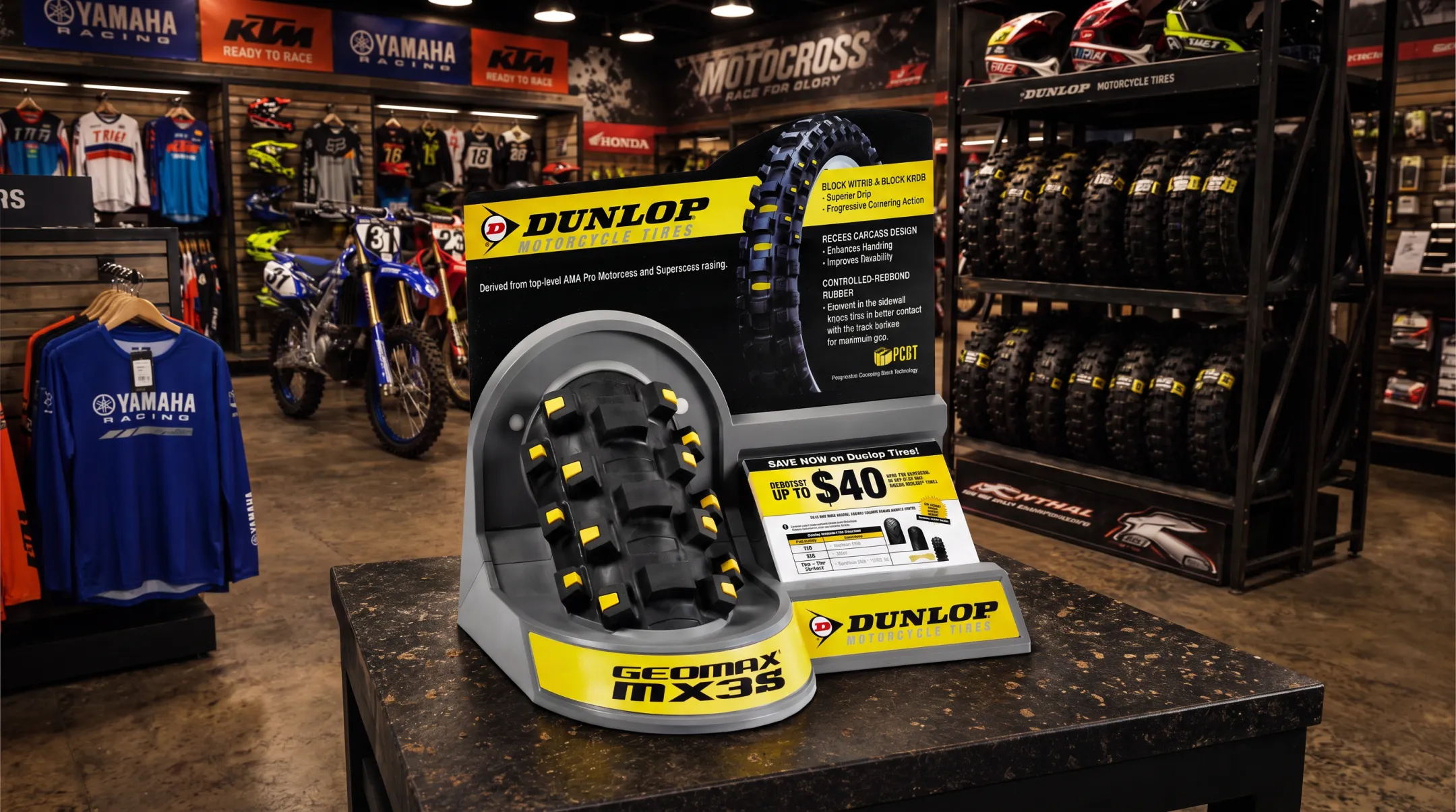 Custom motorcycle tire countertop display with rebate messaging