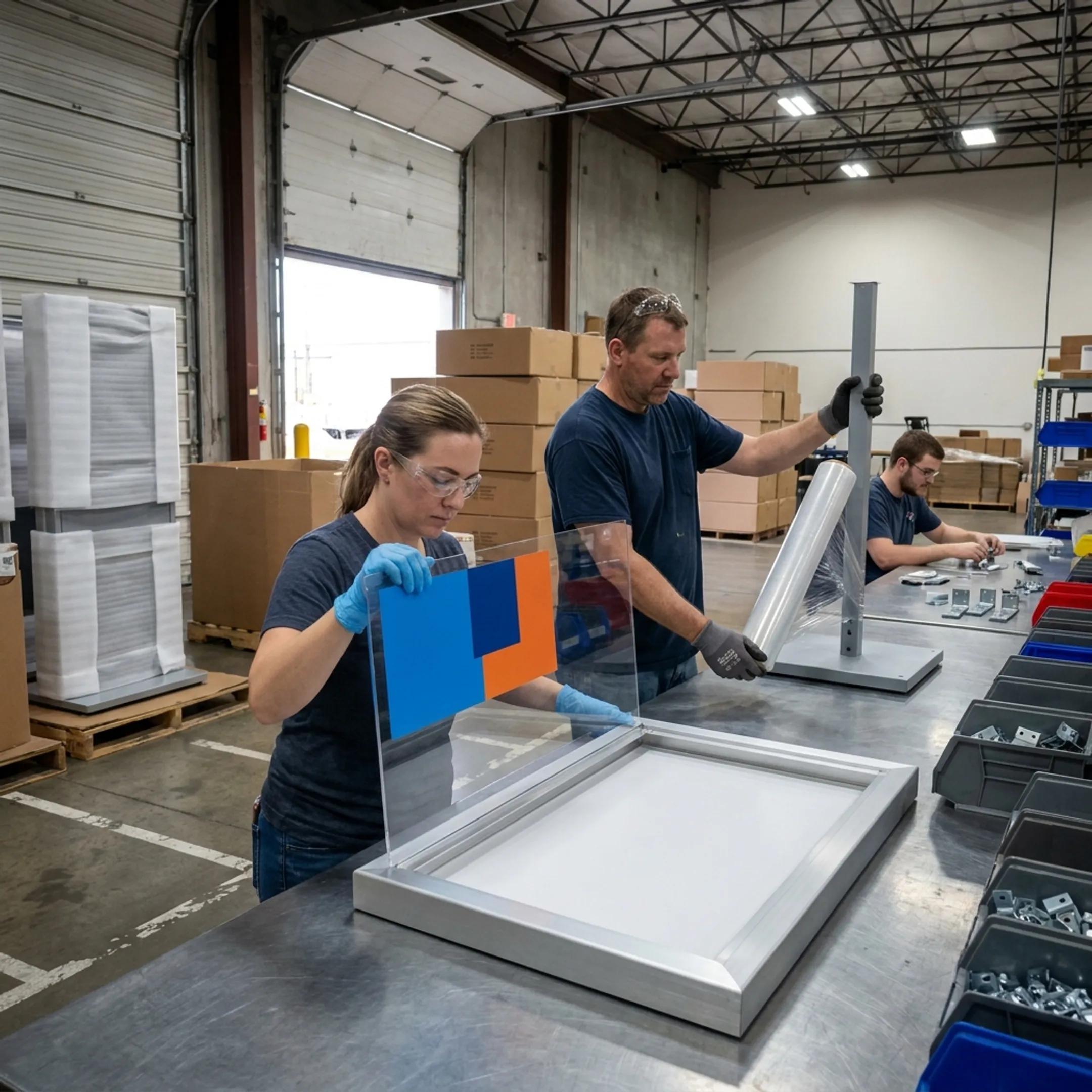 Pack-out team assembling branded display components for shipment