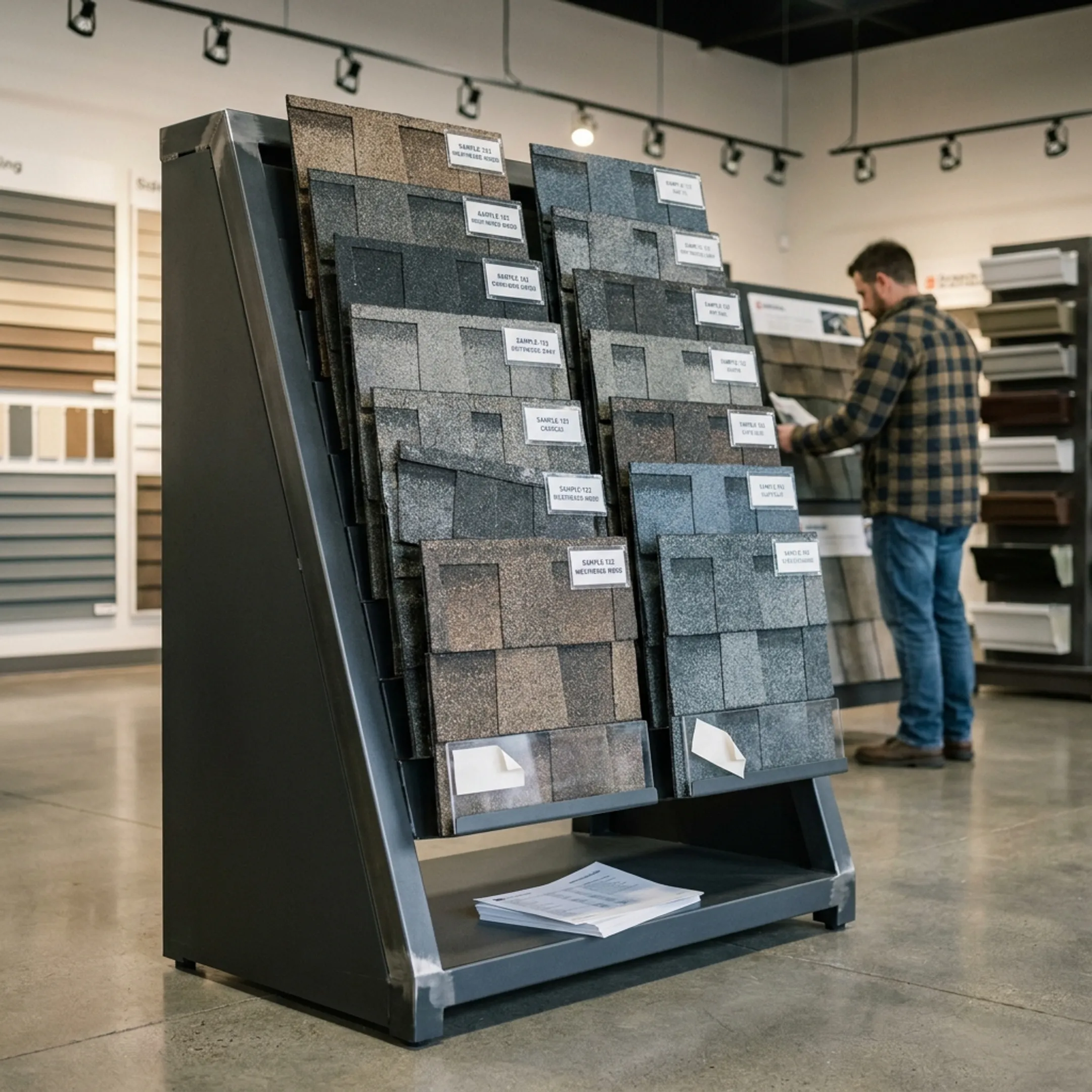 Custom shingle sample display rack presenting roofing material options in a building products showroom