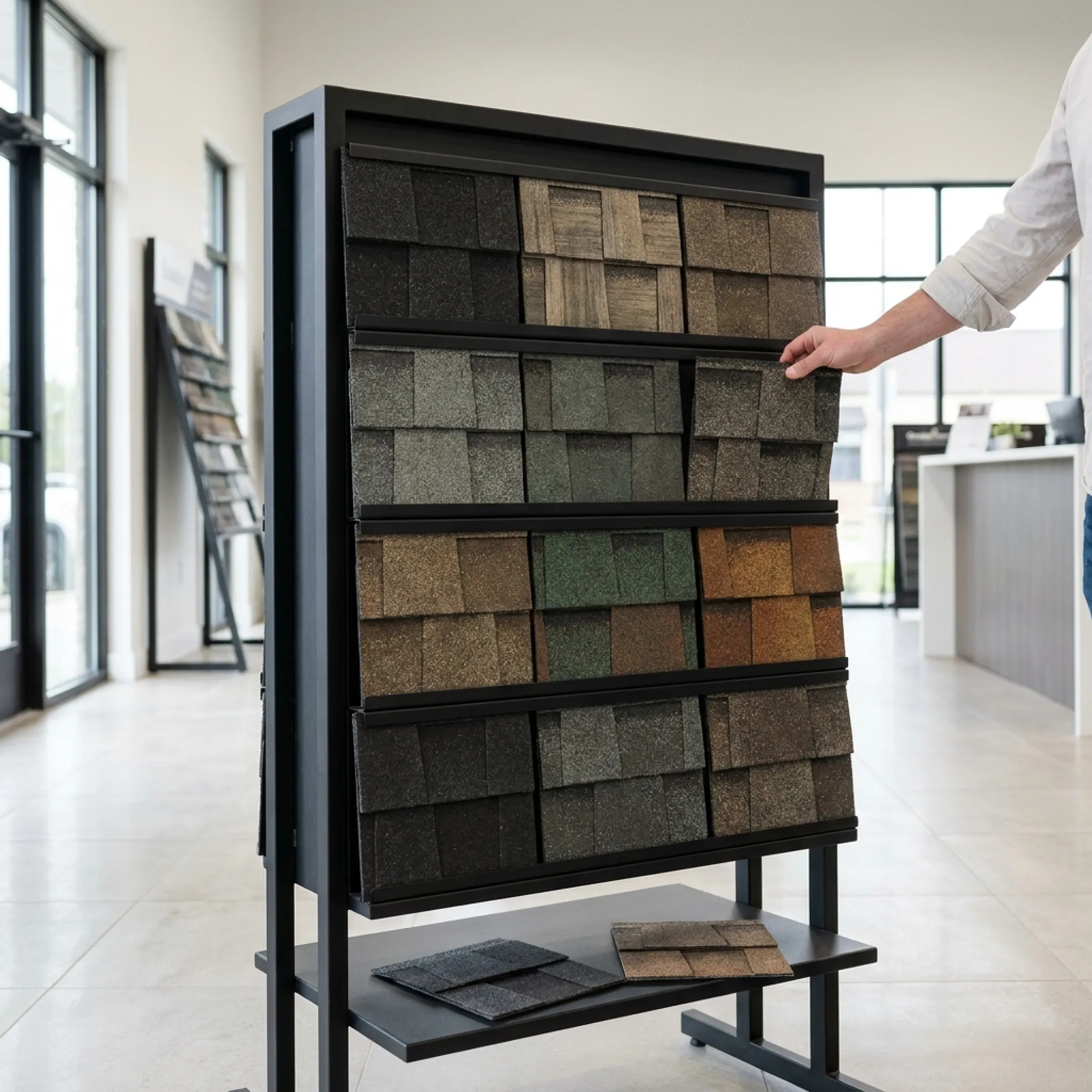 Shingle sample rack displaying organized roofing product choices for showroom comparison