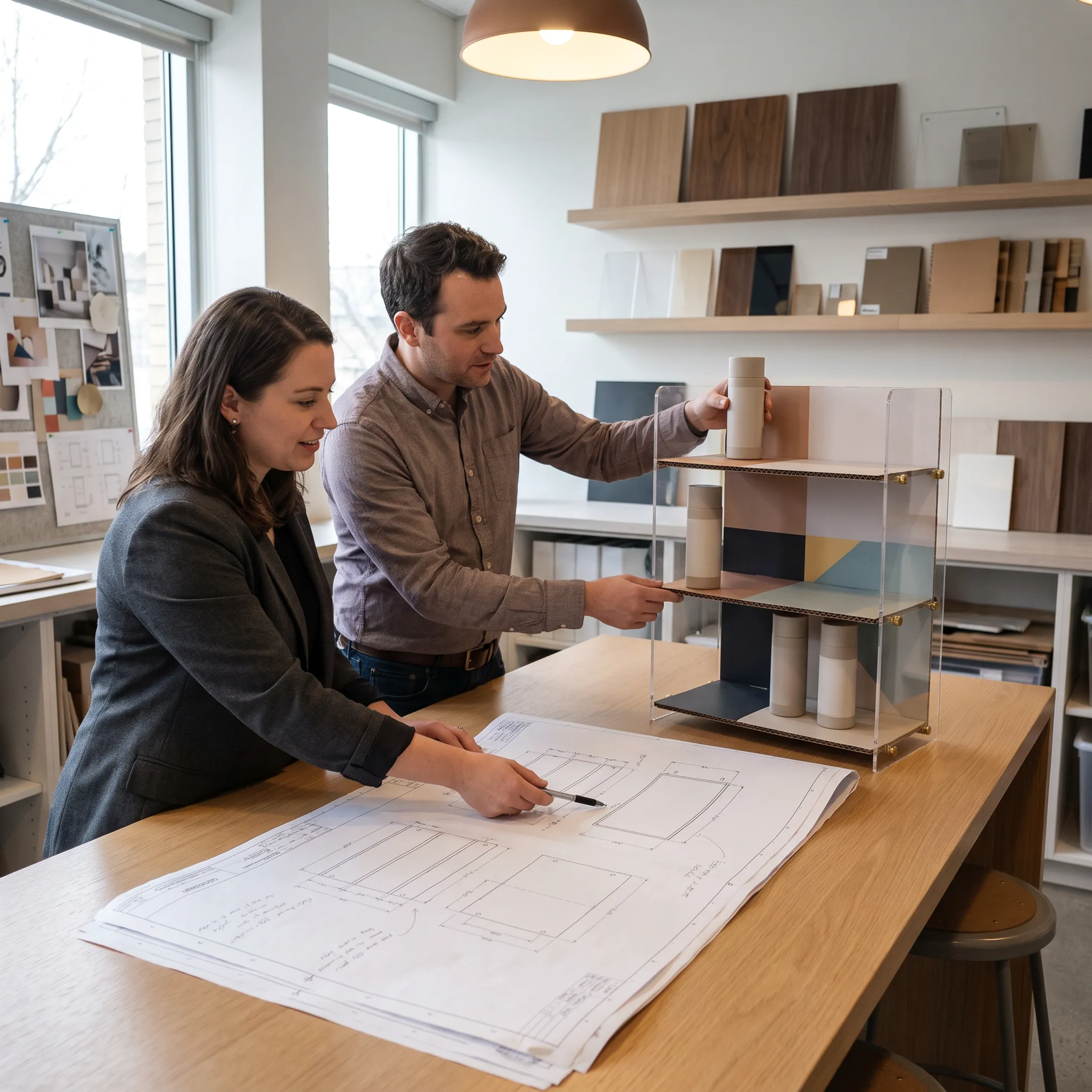 Display program team reviewing a custom retail merchandising fixture