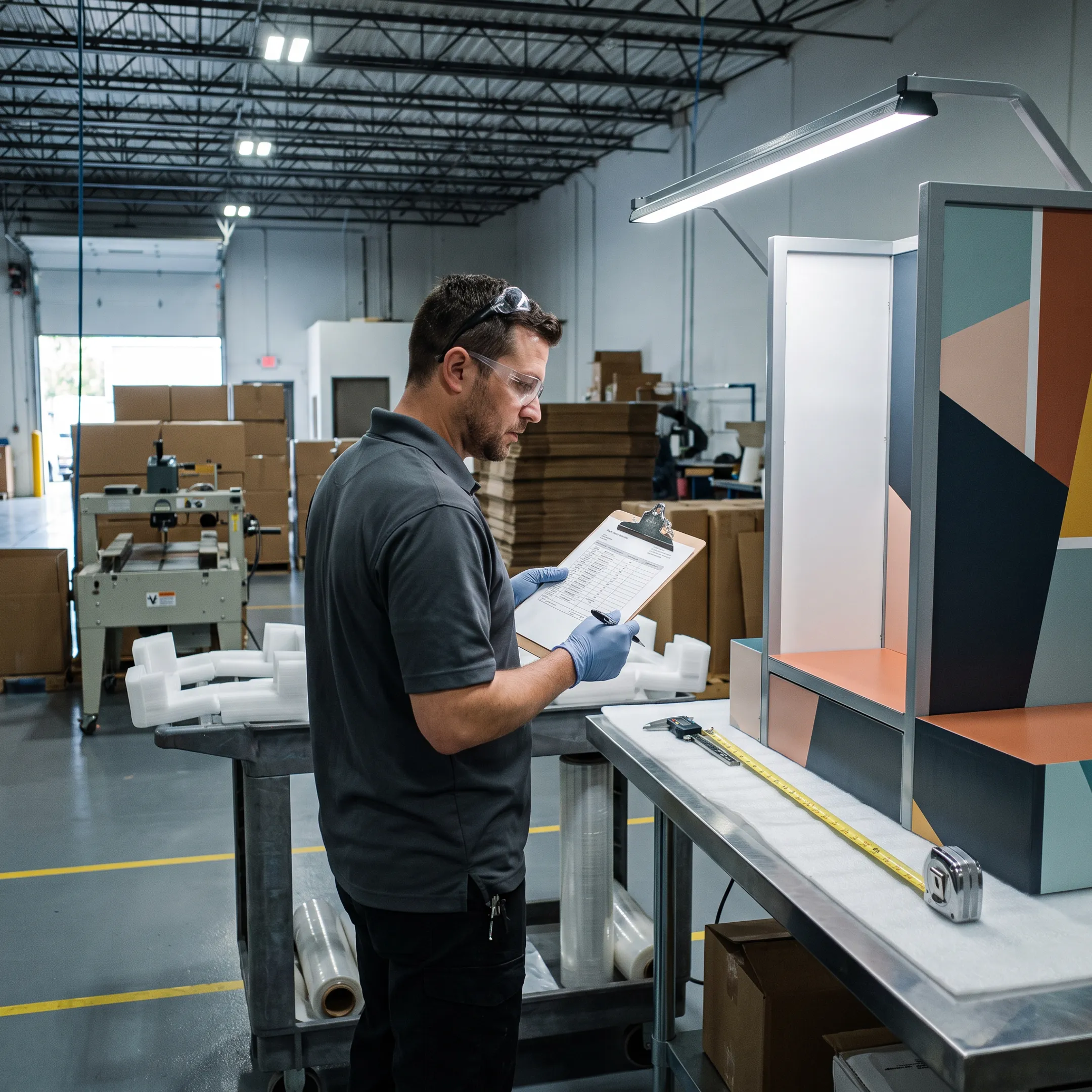 Custom merchandising display being inspected before packaging and shipment