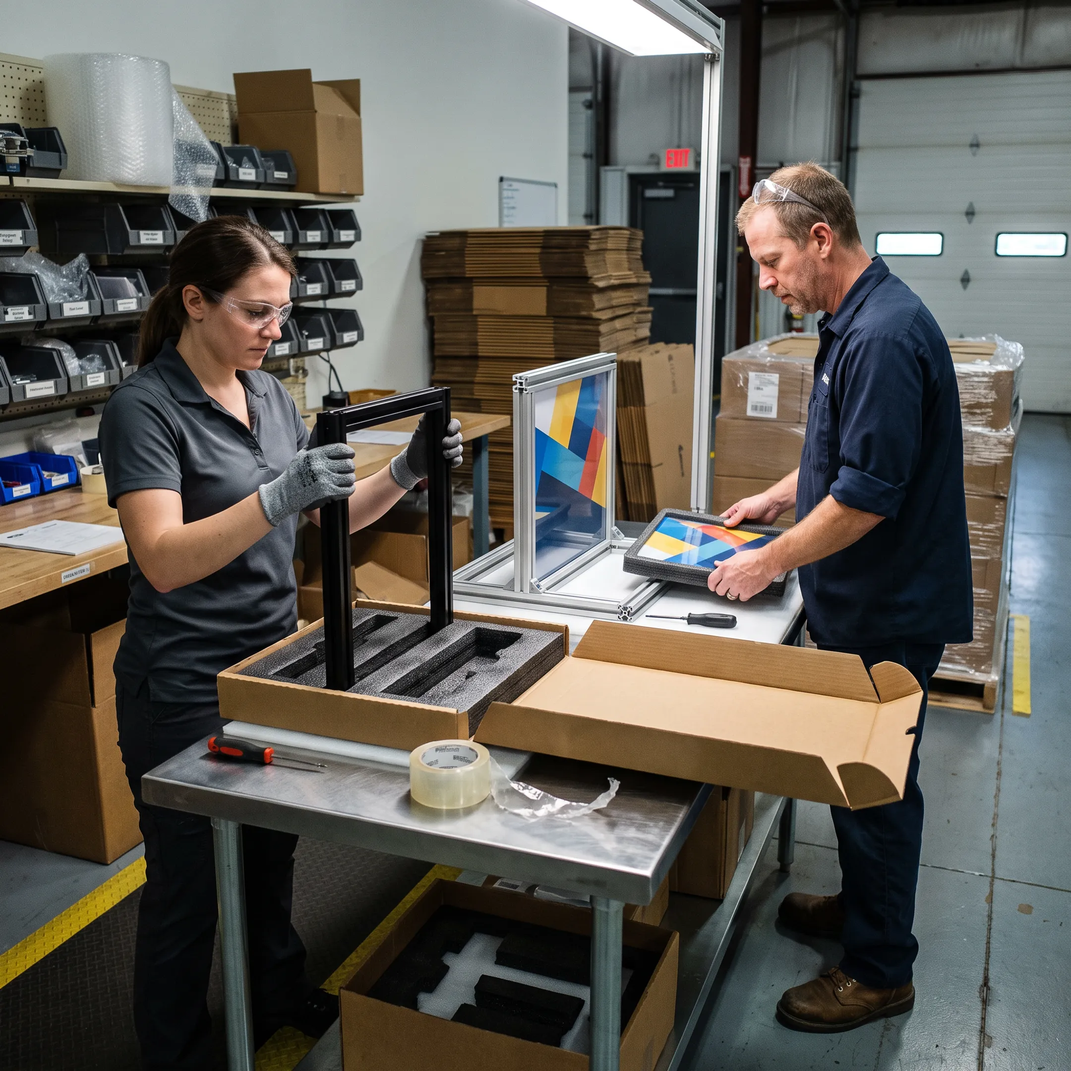 Team assembling and packaging branded display components for fulfillment