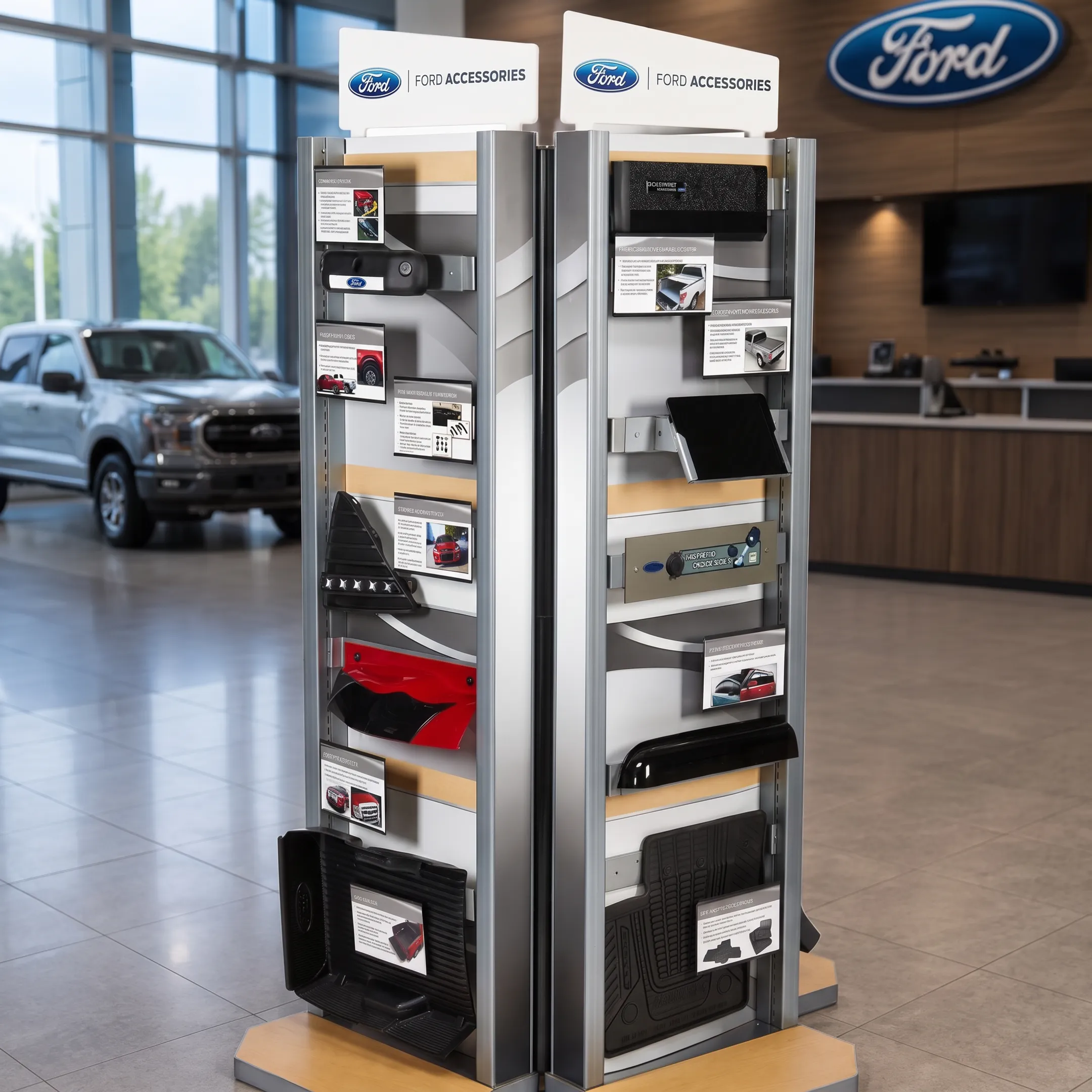 Team organizing branded automotive dealership display components