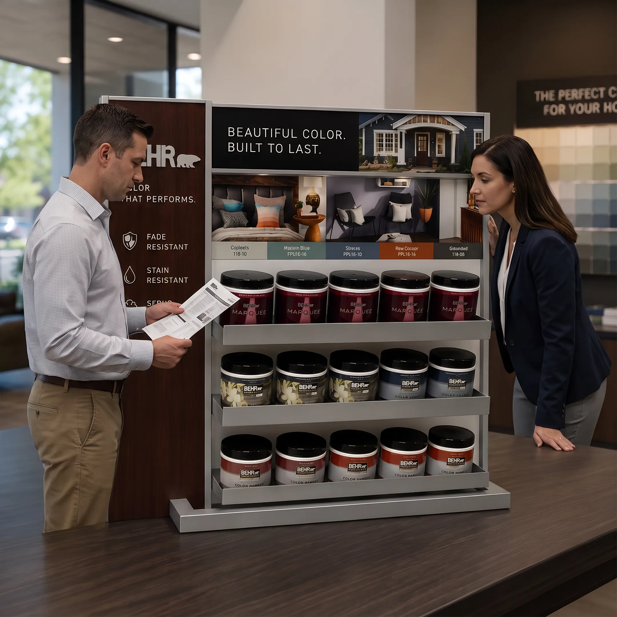 Team organizing custom branded merchandising displays in a production and fulfillment setting