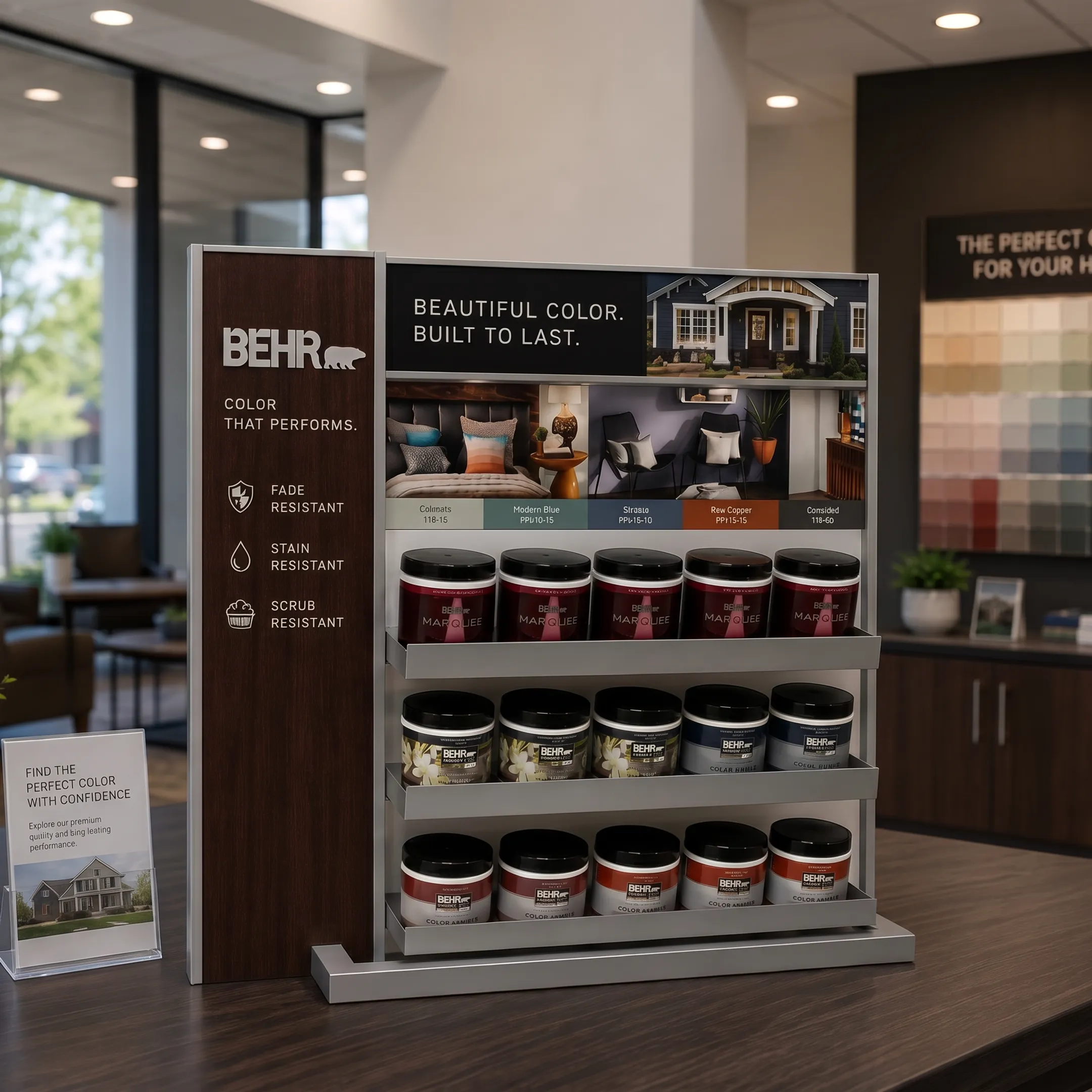 Custom retail display stands arranged in a branded store environment
