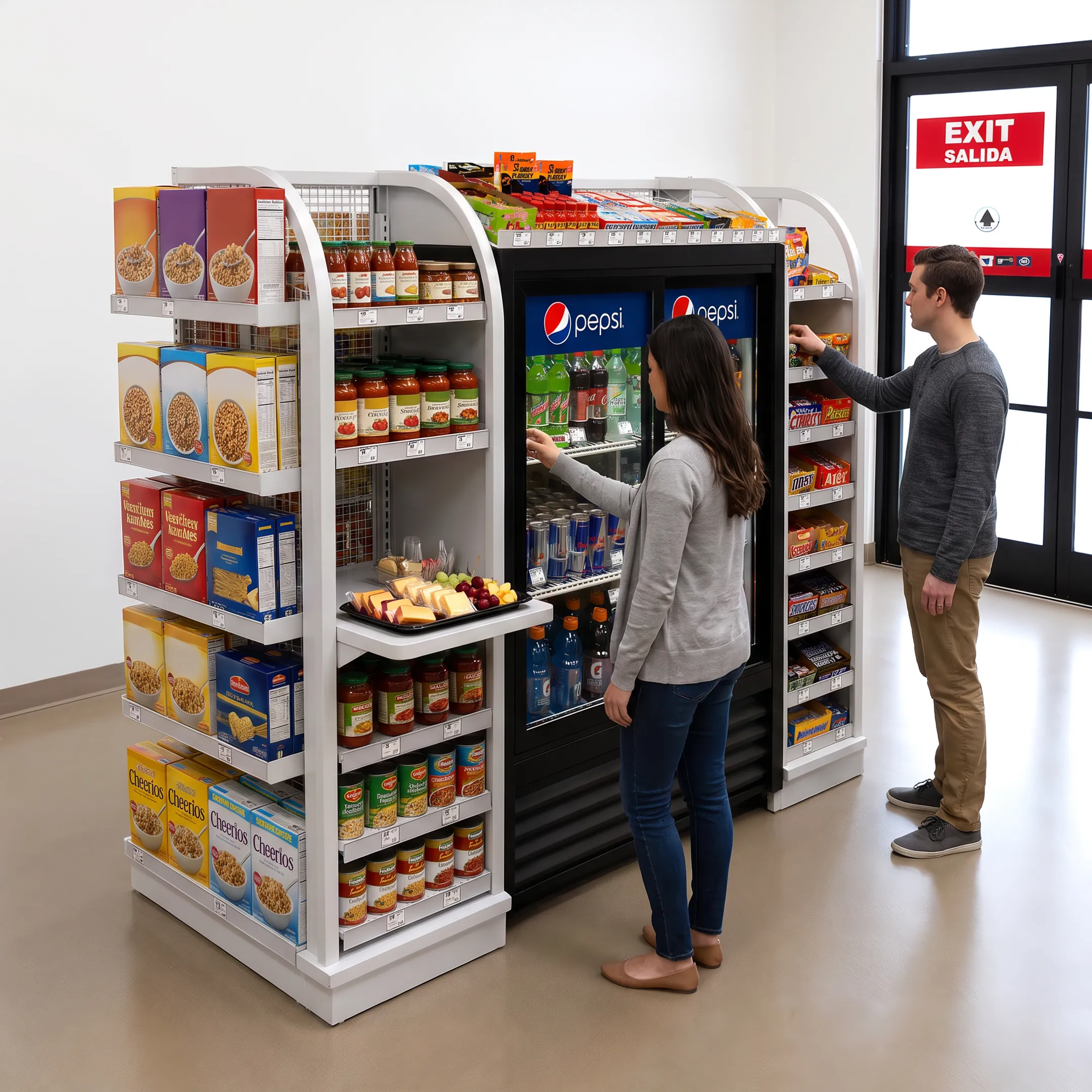 Custom grocery merchandising display arranged with packaged food products in a retail store