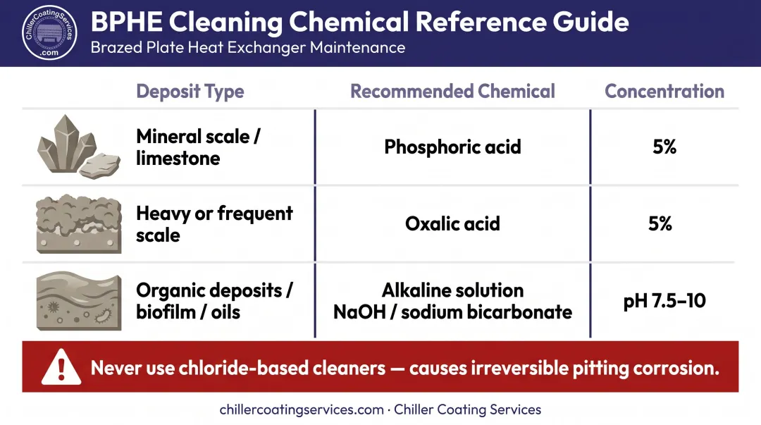 BPHE chemical cleaning solution comparison table by deposit type and concentration