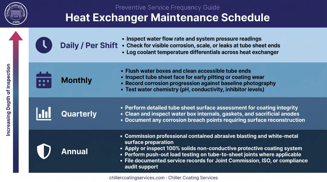 Heat exchanger preventive maintenance schedule across daily monthly quarterly and annual intervals
