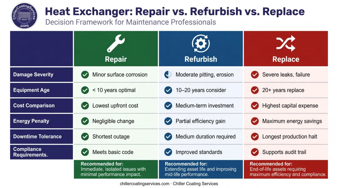 Repair versus refurbish versus replace heat exchanger decision factors comparison table