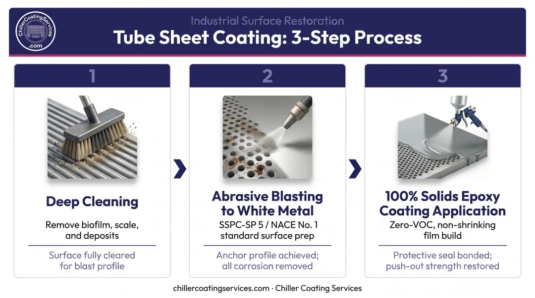 3-step tube sheet coating process from surface cleaning to epoxy application
