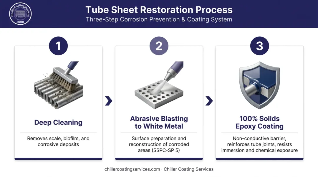 Three-step tube sheet restoration process deep cleaning blasting epoxy coating infographic