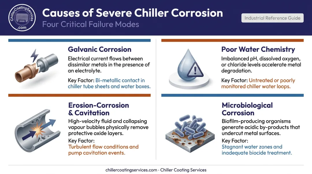 Four primary causes of severe chiller corrosion illustrated side-by-side