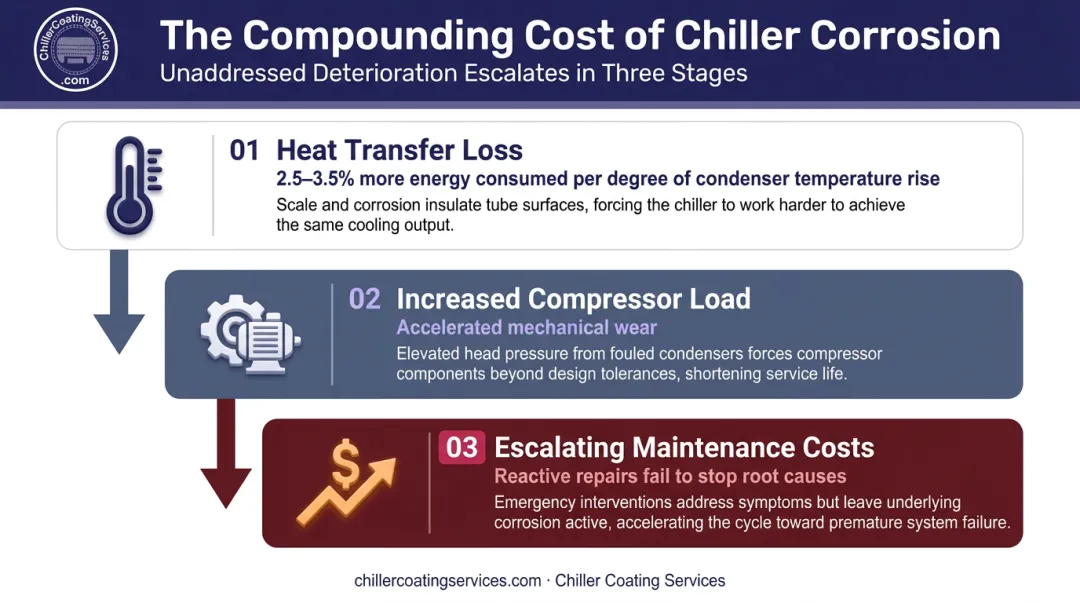 Three cascading operational impacts of untreated chiller corrosion with energy cost data
