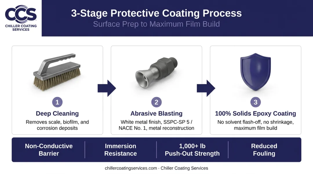 Three-step epoxy coating process for heat exchanger tube sheets and water boxes
