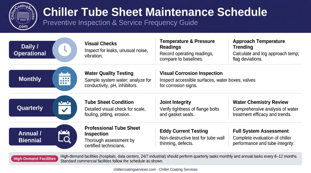 Heat exchanger corrosion maintenance schedule by frequency from daily to annual tasks