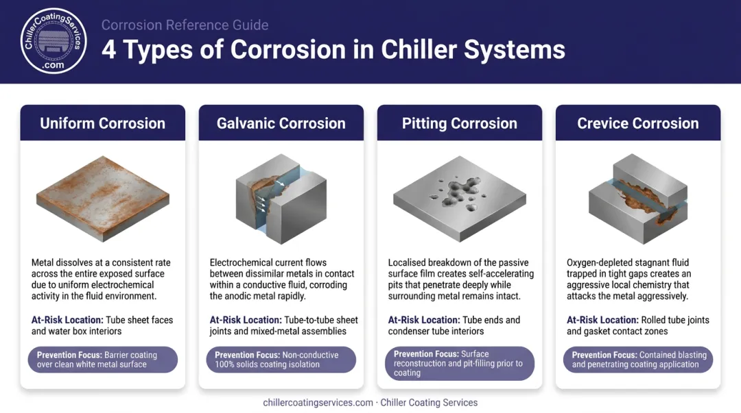 Four types of heat exchanger corrosion uniform galvanic pitting and crevice comparison