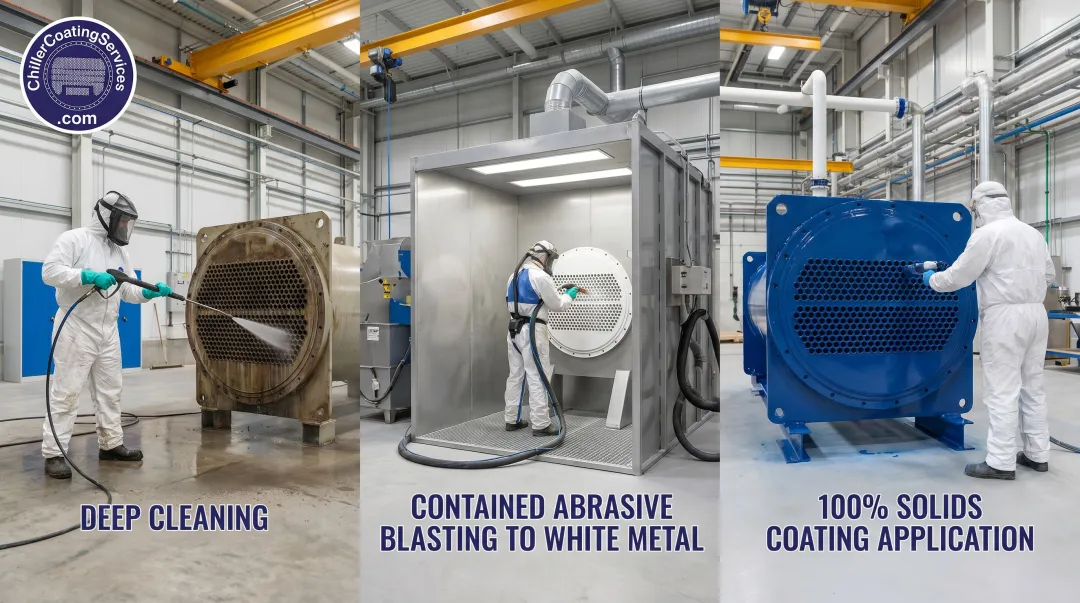 Three-step chiller tube sheet surface preparation and coating application process