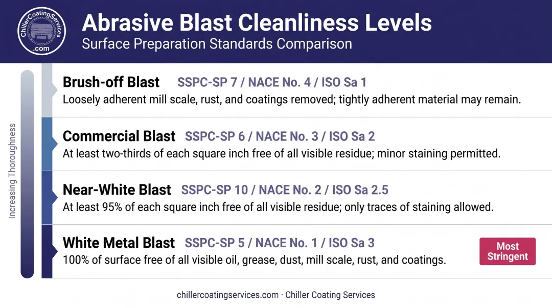 Four-level abrasive blast cleanliness standards comparison chart SSPC NACE ISO